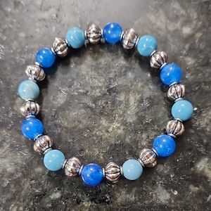 Handmade Blue Kyanite And Larimar Bead Stretch Bracelet with Silver Accent Beads